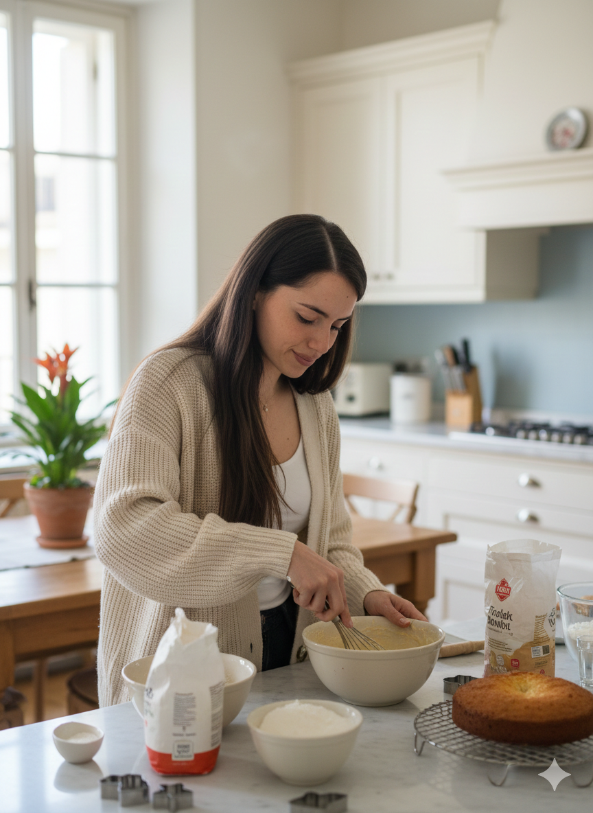 Gaia mentre prepara un impasto in cucina